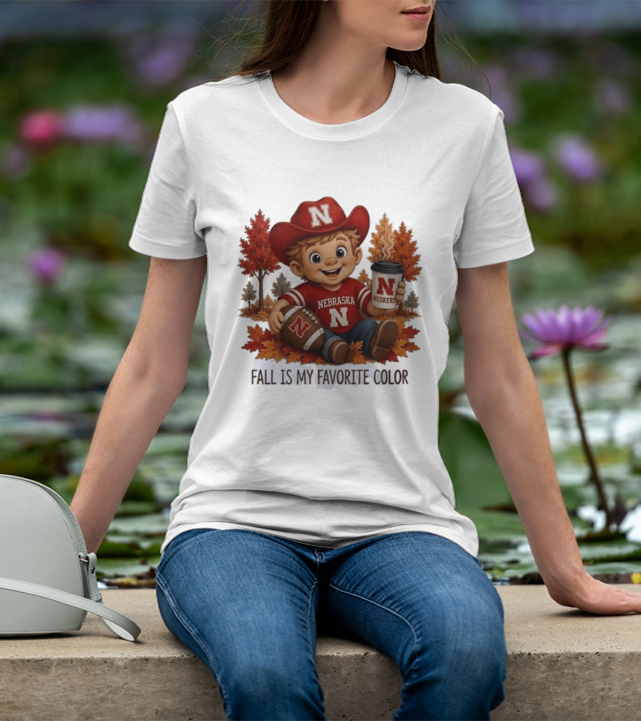 Nebraska Huskers Fall Football Kid Holding Coffee And Ball T-Shirt