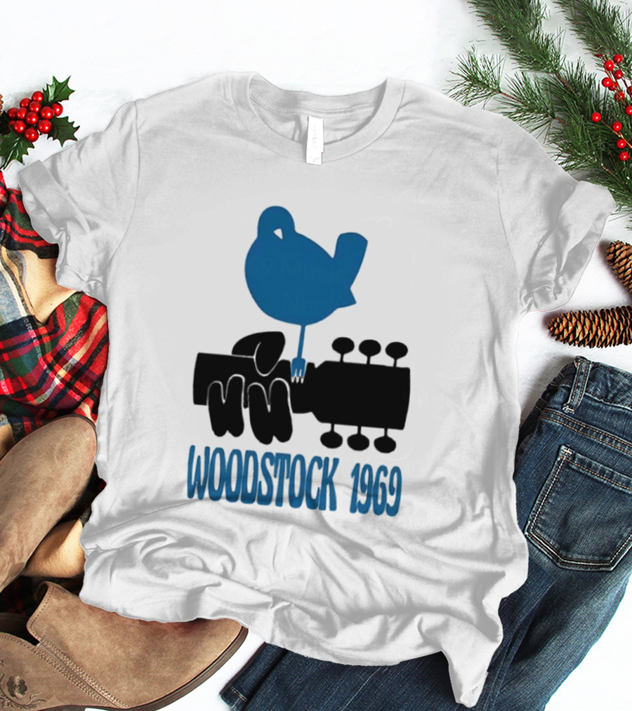 Woodstock 1969 Music Festival Bird On Guitar Neck T-Shirt