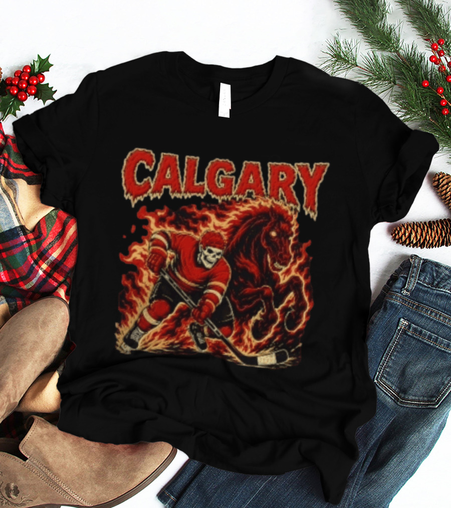 Calgary Flames Skeleton Hockey Player With Fiery Horse T-Shirt