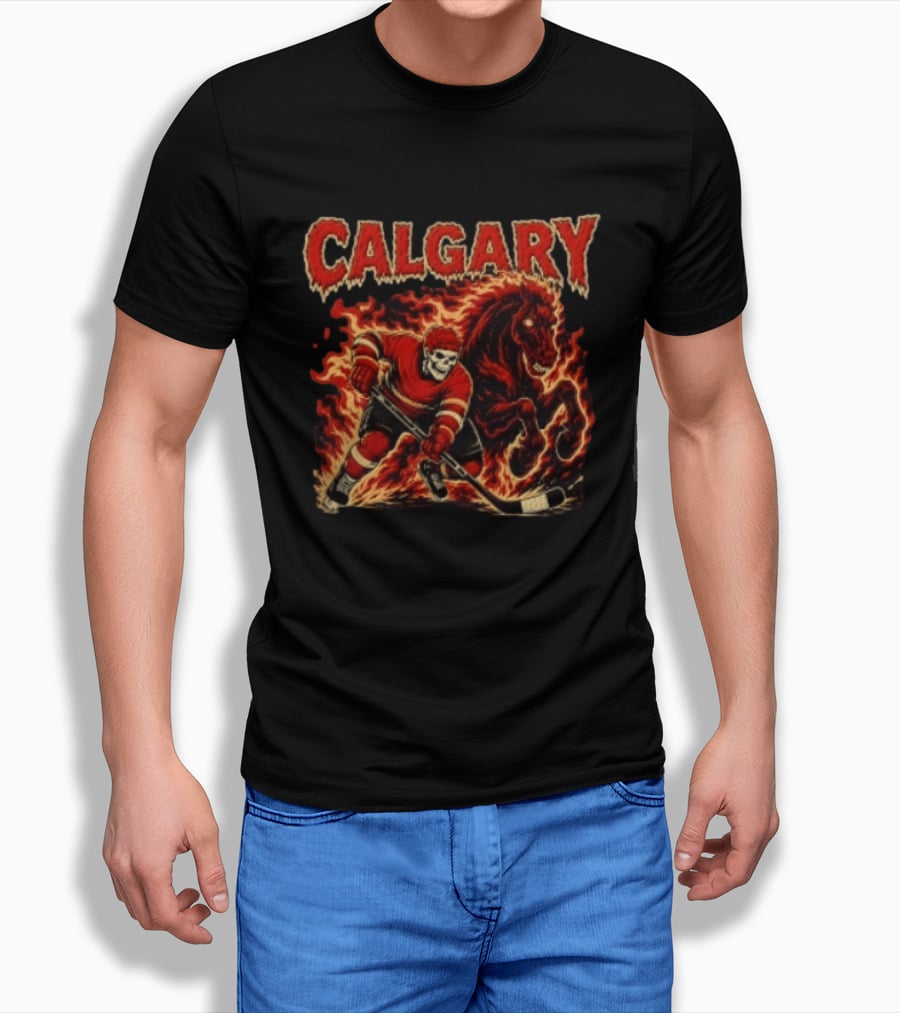 Calgary Flames Skeleton Hockey Player With Fiery Horse T-Shirt