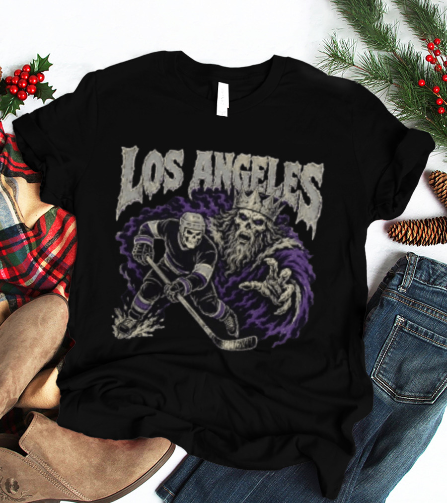 Los Angeles Kings Skeleton Hockey Player With Crowned King In Purple Cloak T-Shirt