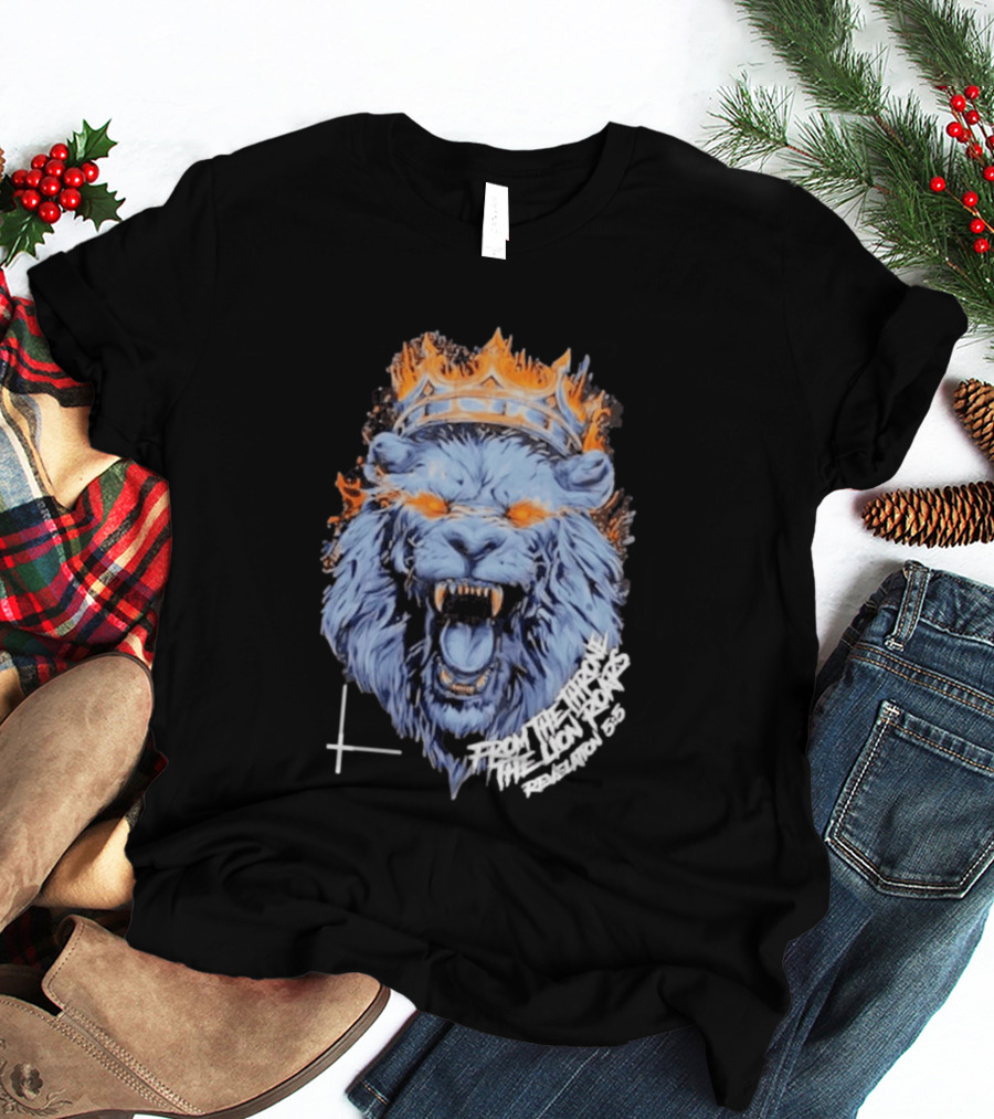 From The Throne The Lion Roars Revelation 5 5 Blue Flame Crown Lionhead T-Shirt