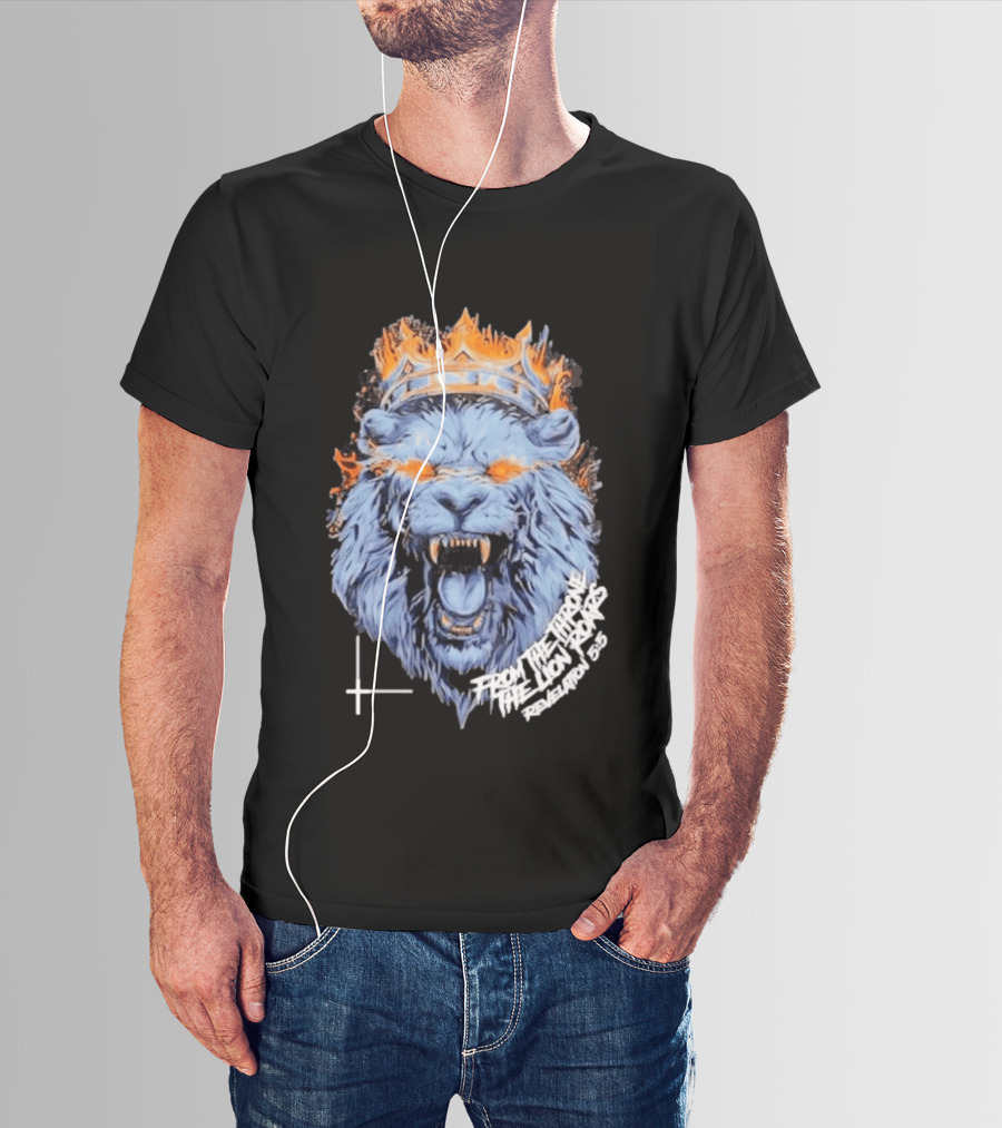 From The Throne The Lion Roars Revelation 5 5 Blue Flame Crown Lionhead T-Shirt