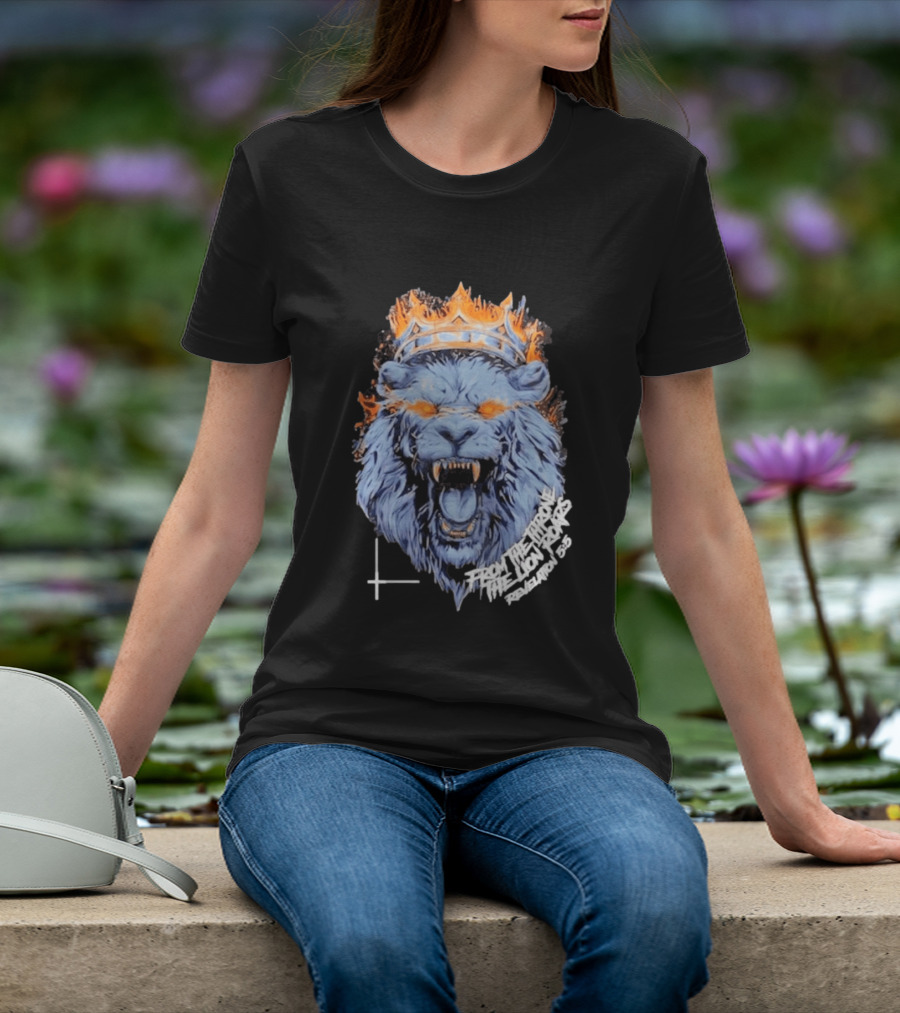 From The Throne The Lion Roars Revelation 5 5 Blue Flame Crown Lionhead T-Shirt