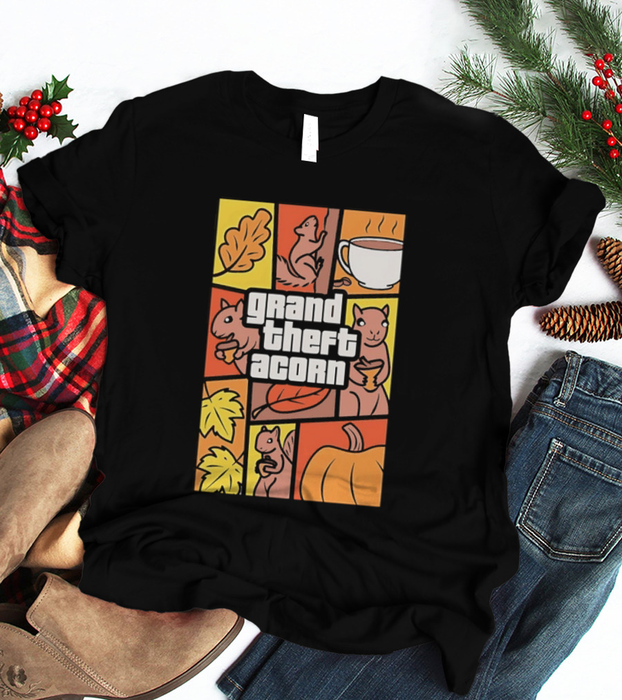 Grand Theft Acorn Autumn Squirrel Coffee Pumpkin Leaves T-Shirt
