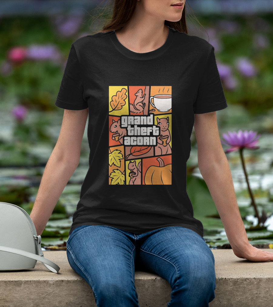 Grand Theft Acorn Autumn Squirrel Coffee Pumpkin Leaves T-Shirt