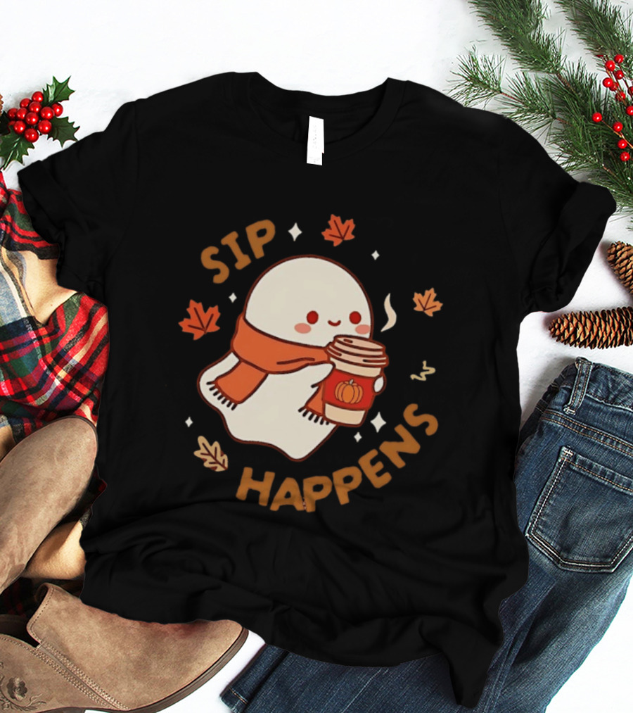 Sip Happens Ghost Pumpkin Spice Latte With Leaves And Scarf T-Shirt