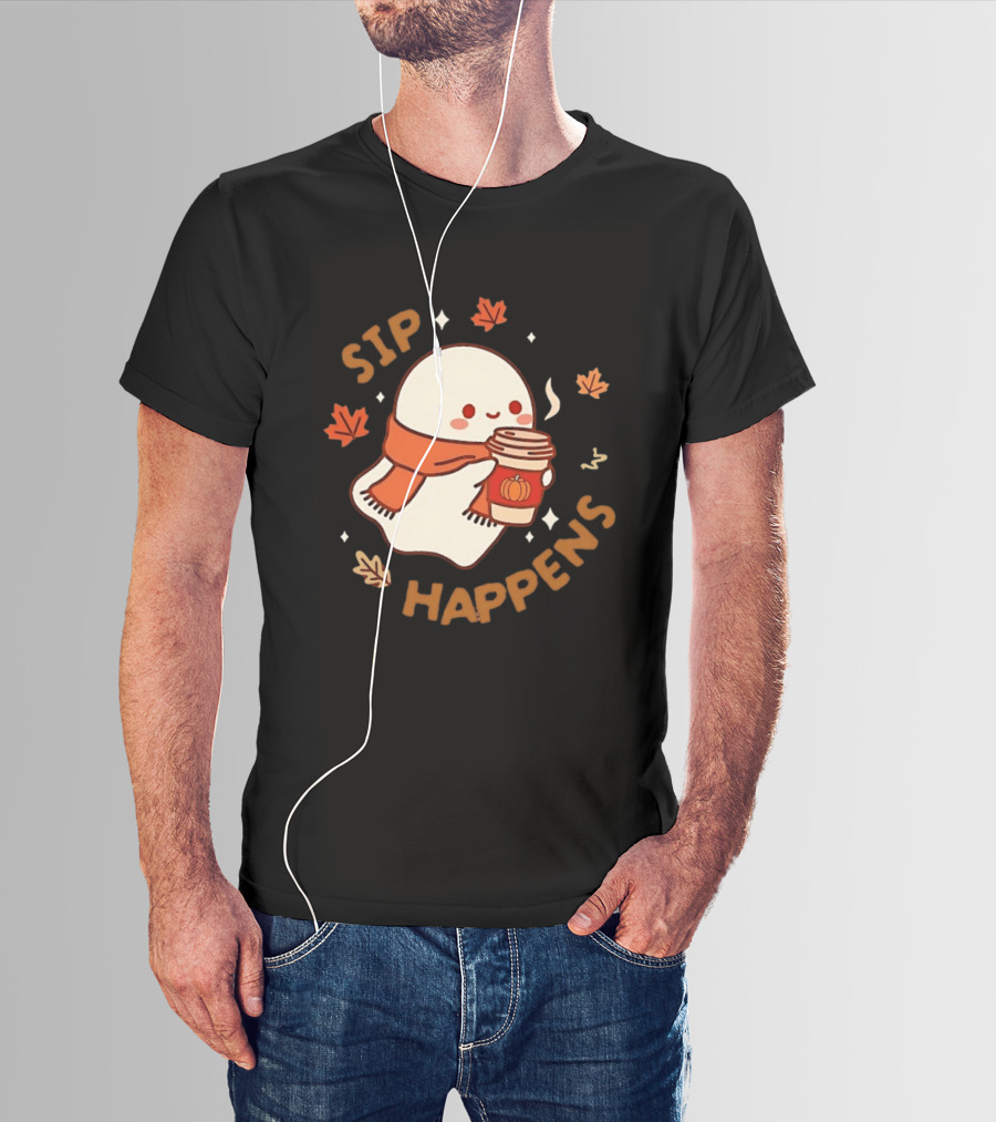 Sip Happens Ghost Pumpkin Spice Latte With Leaves And Scarf T-Shirt
