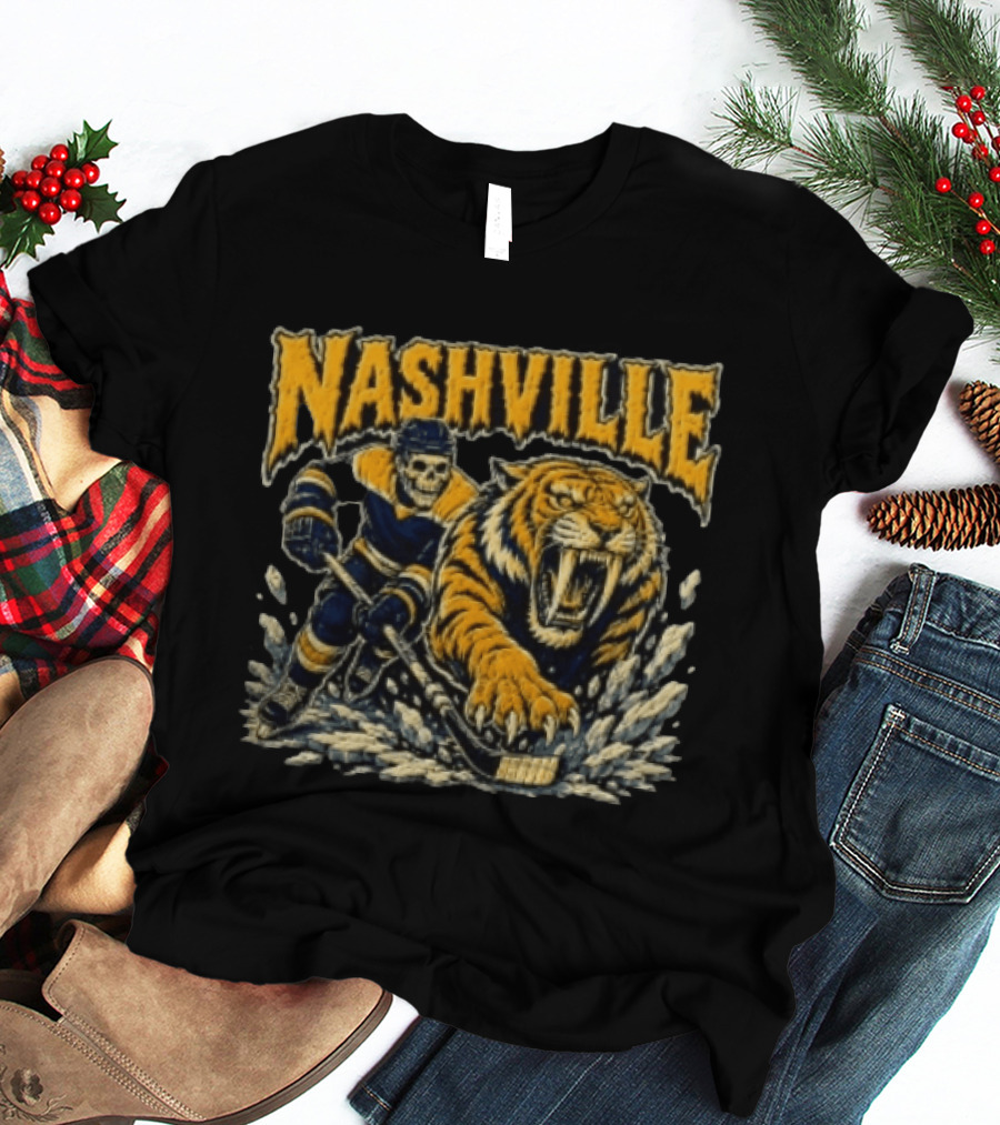 Nashville Hockey Skeleton Player With Fierce Tiger T-Shirt