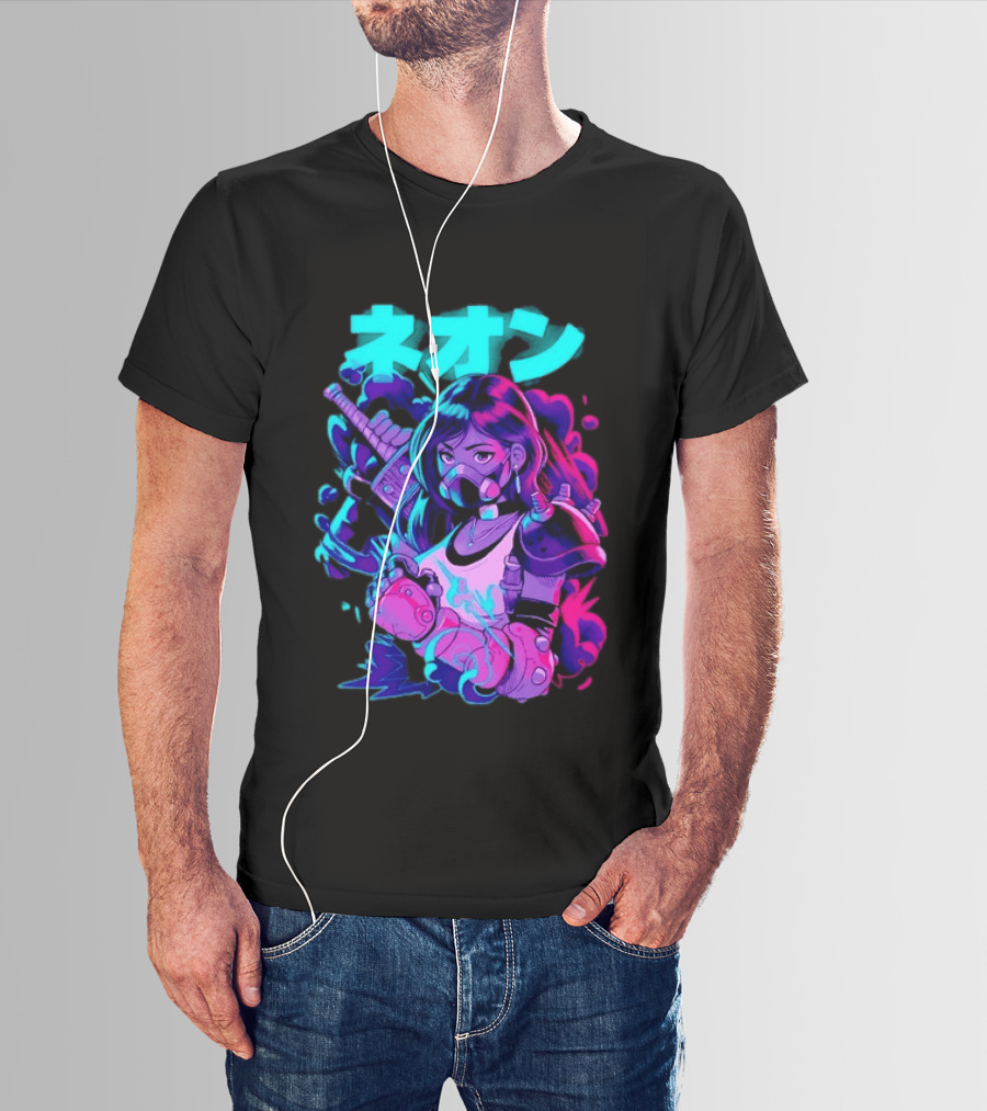 Neon Cyberpunk Anime Warrior Girl Futuristic Vaporwave Aesthetic T-Shirt