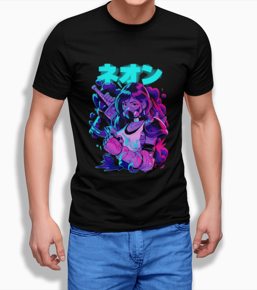 Neon Cyberpunk Anime Warrior Girl Futuristic Vaporwave Aesthetic T-Shirt