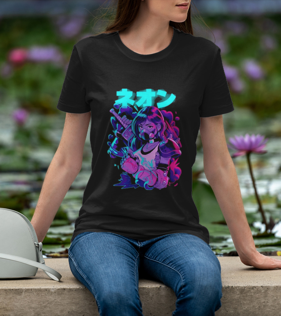 Neon Cyberpunk Anime Warrior Girl Futuristic Vaporwave Aesthetic T-Shirt