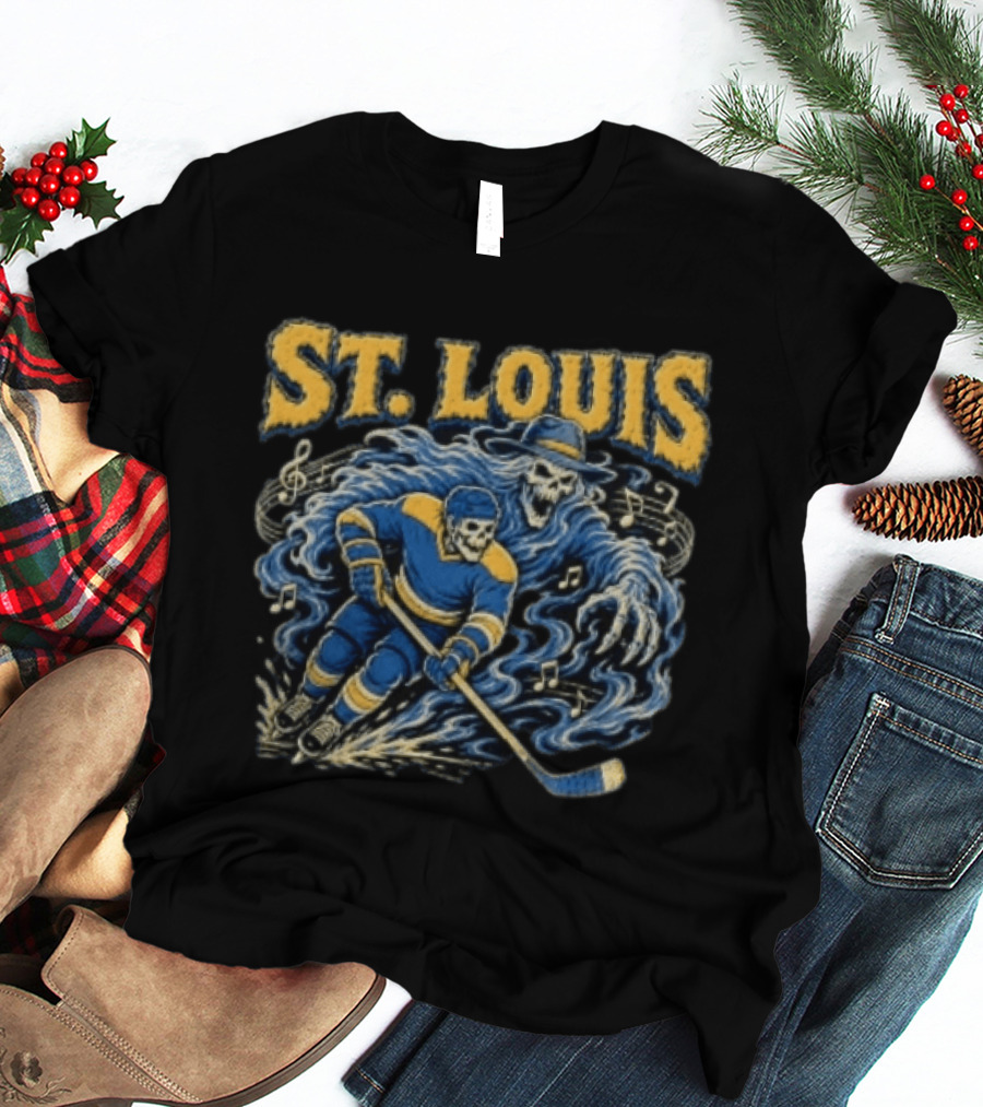 St. Louis Blues Hockey Skeleton Player With Music Notes And Ghostly Figure T-Shirt