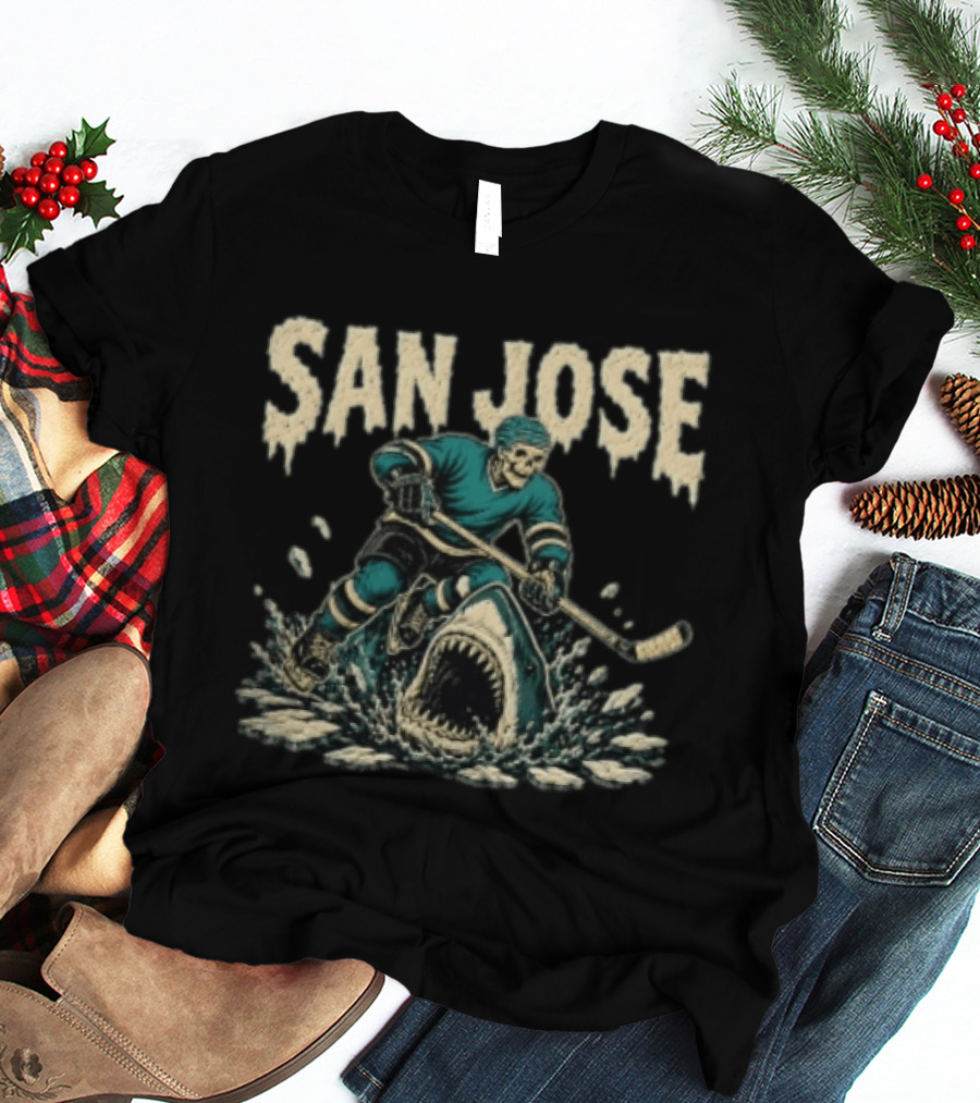 San Jose Sharks Skeleton Hockey Player Riding Shark T-Shirt