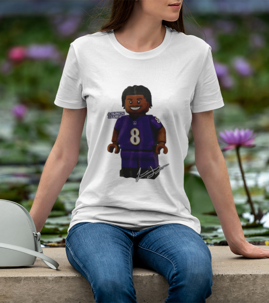 Baltimore Ravens Lamar Jackson Lego Minifigure Purple Jersey Number 8 T-Shirt