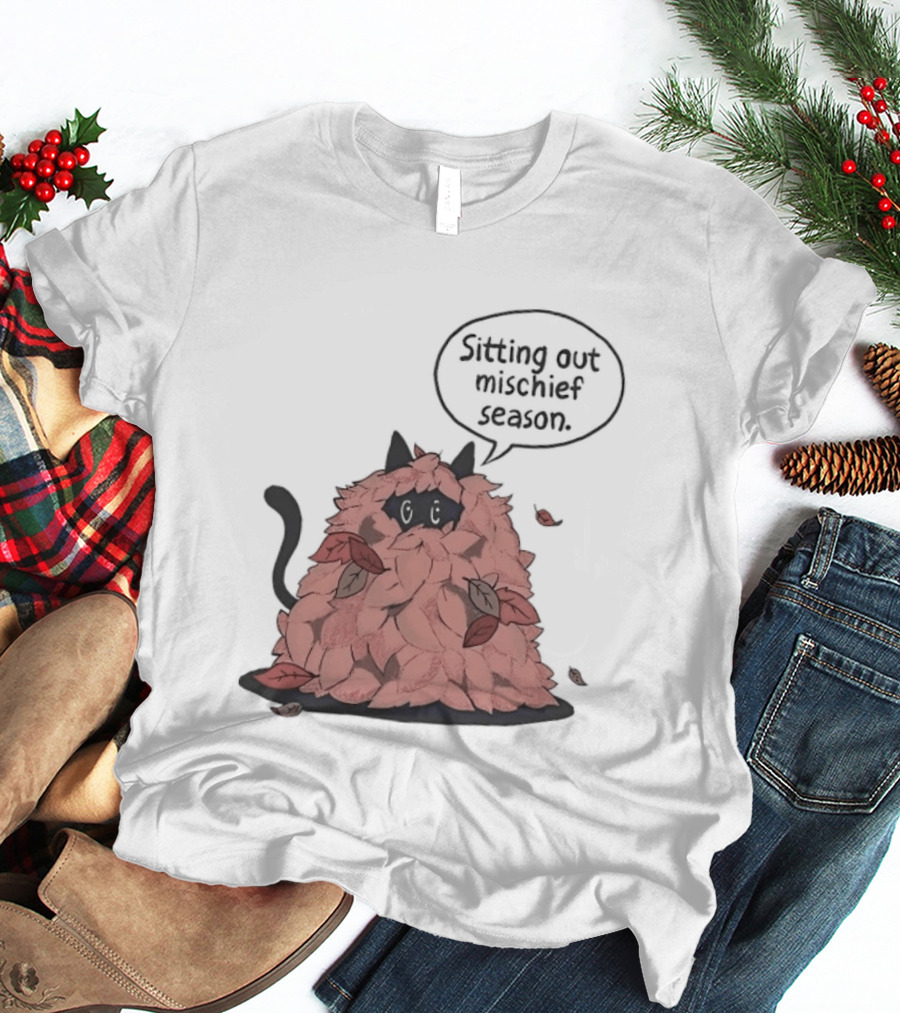 Sitting Out Mischief Season Cat Autumn Leaves T-Shirt