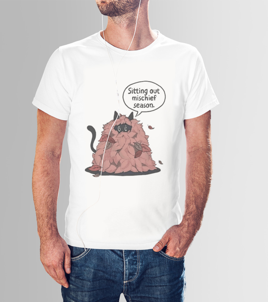 Sitting Out Mischief Season Cat Autumn Leaves T-Shirt