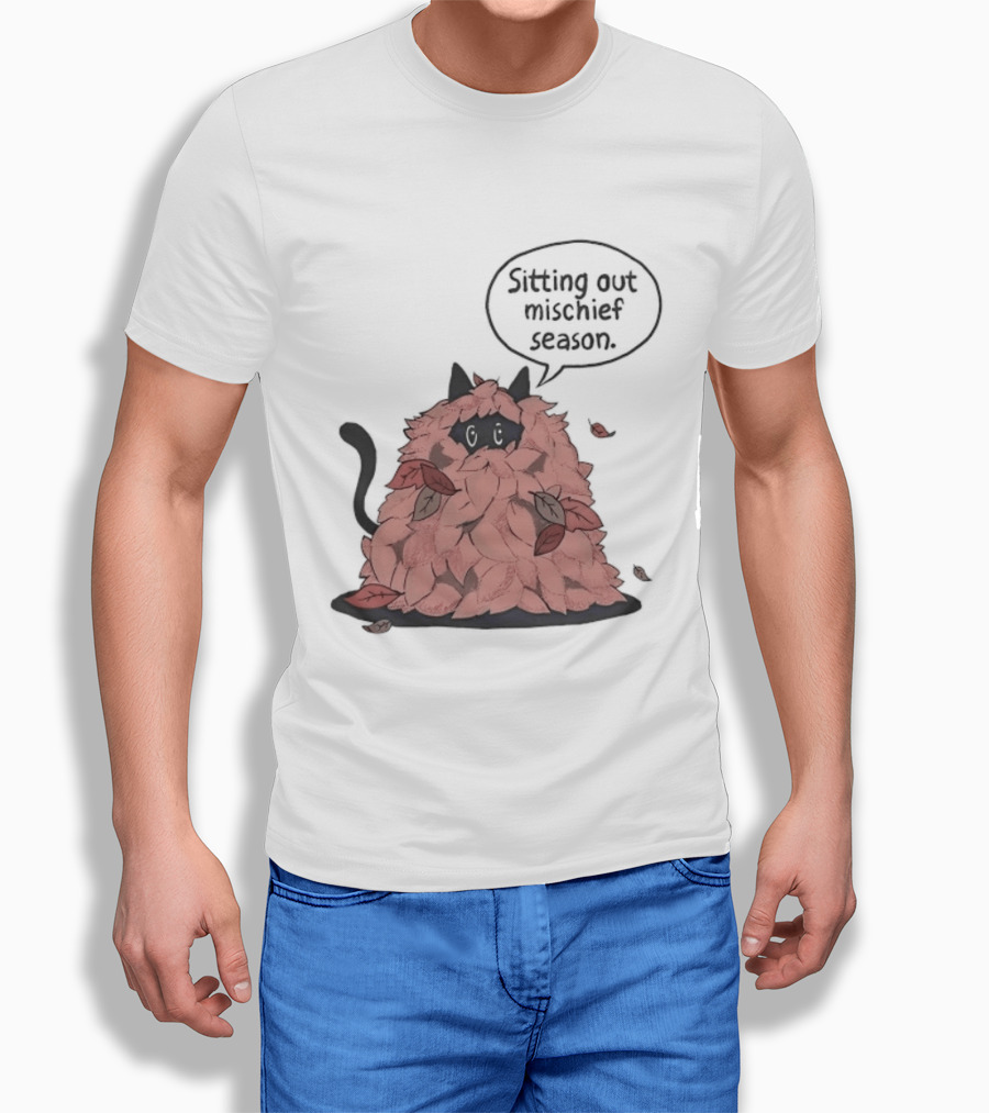 Sitting Out Mischief Season Cat Autumn Leaves T-Shirt