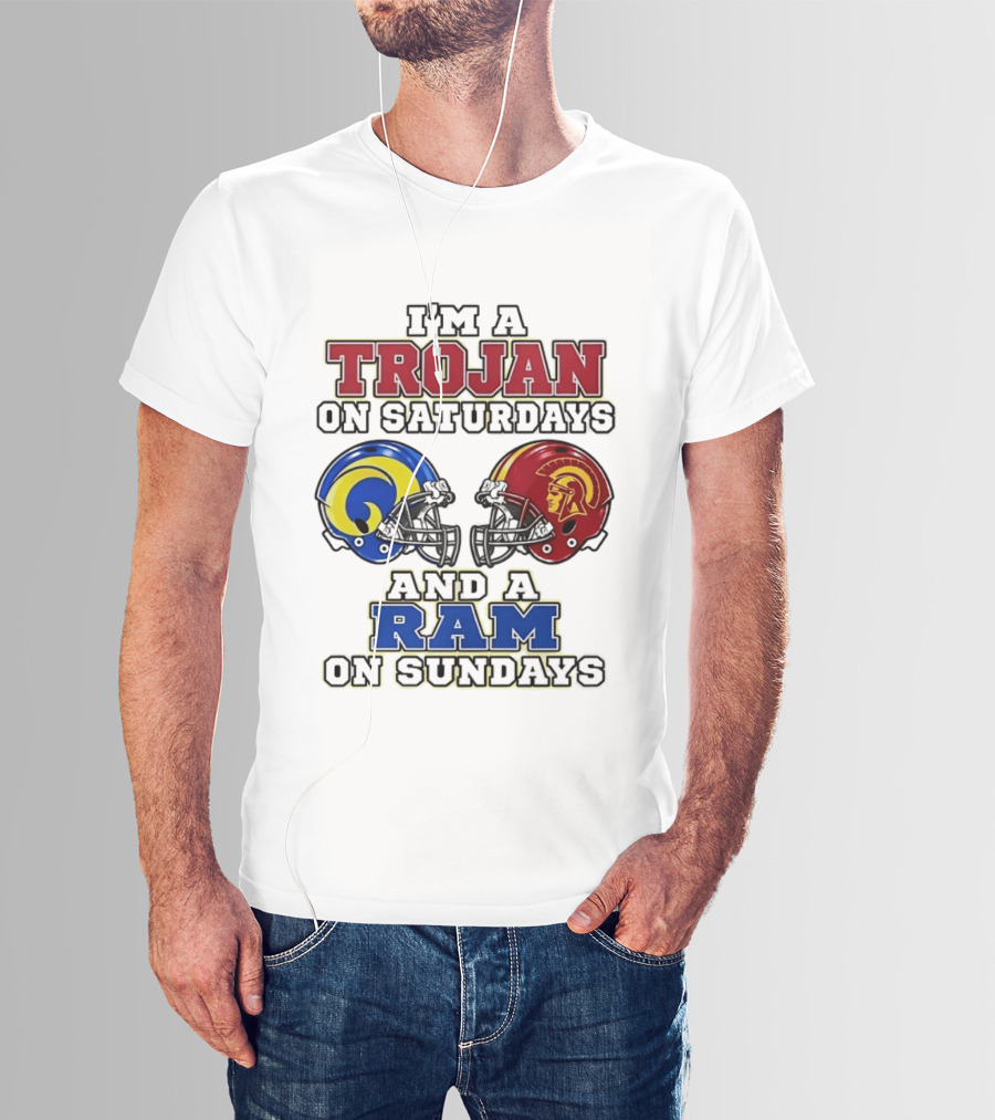 Trojan On Saturdays USC And Ram On Sundays Football Fan Helmet T-Shirt