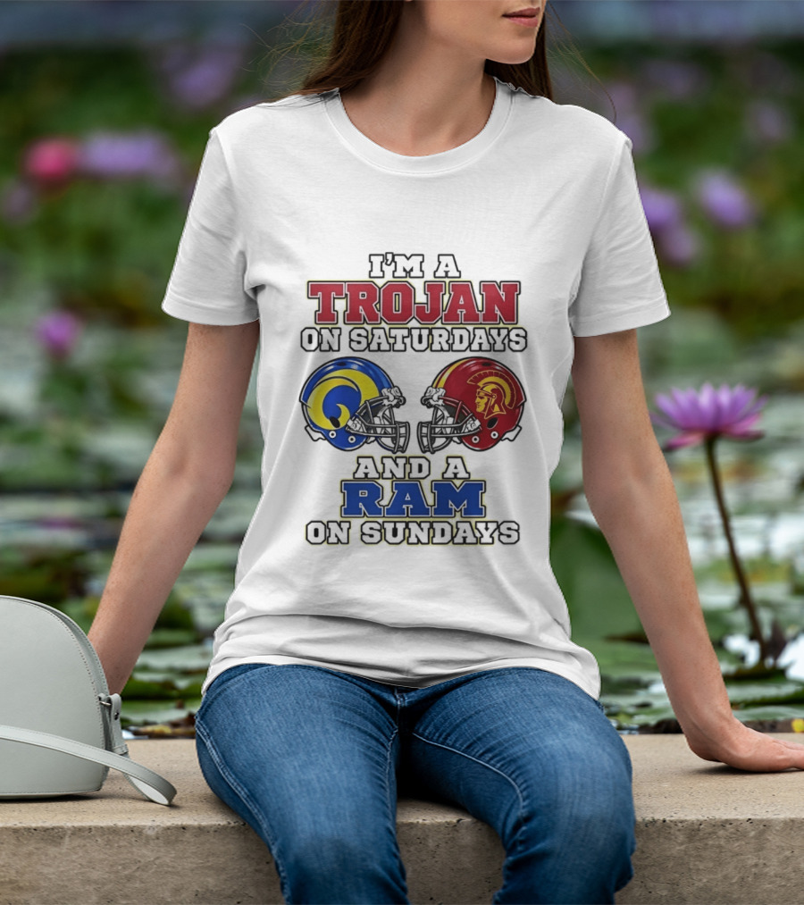 Trojan On Saturdays USC And Ram On Sundays Football Fan Helmet T-Shirt