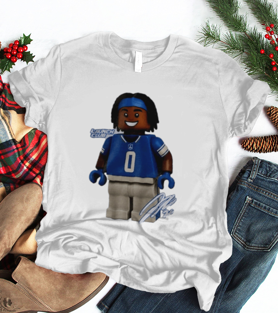 Detroit Lions Jahmyr Gibbs Lego Minifigure Launch Club Football Player T-Shirt