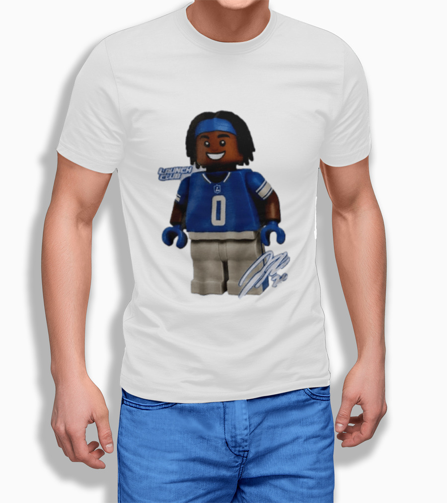 Detroit Lions Jahmyr Gibbs Lego Minifigure Launch Club Football Player T-Shirt