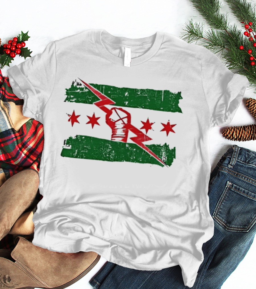 Chicago Flag Symbol Red Fist Lightning Bolt Green Distressed T-Shirt