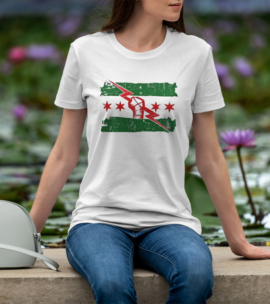 Chicago Flag Symbol Red Fist Lightning Bolt Green Distressed T-Shirt