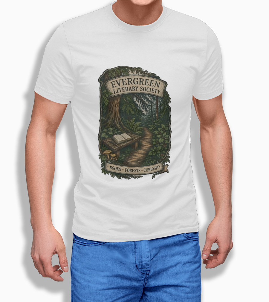 Evergreen Literary Society Books Forests Curiosity Pathway Through Trees T-Shirt