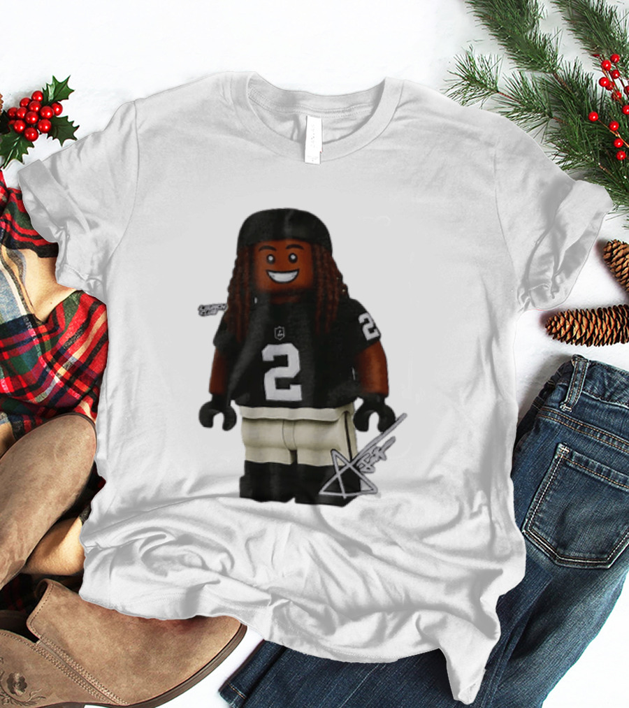 Las Vegas Raiders Running Back Ashton Jeanty 2 Lego Minifigure With Football Helmet T-Shirt