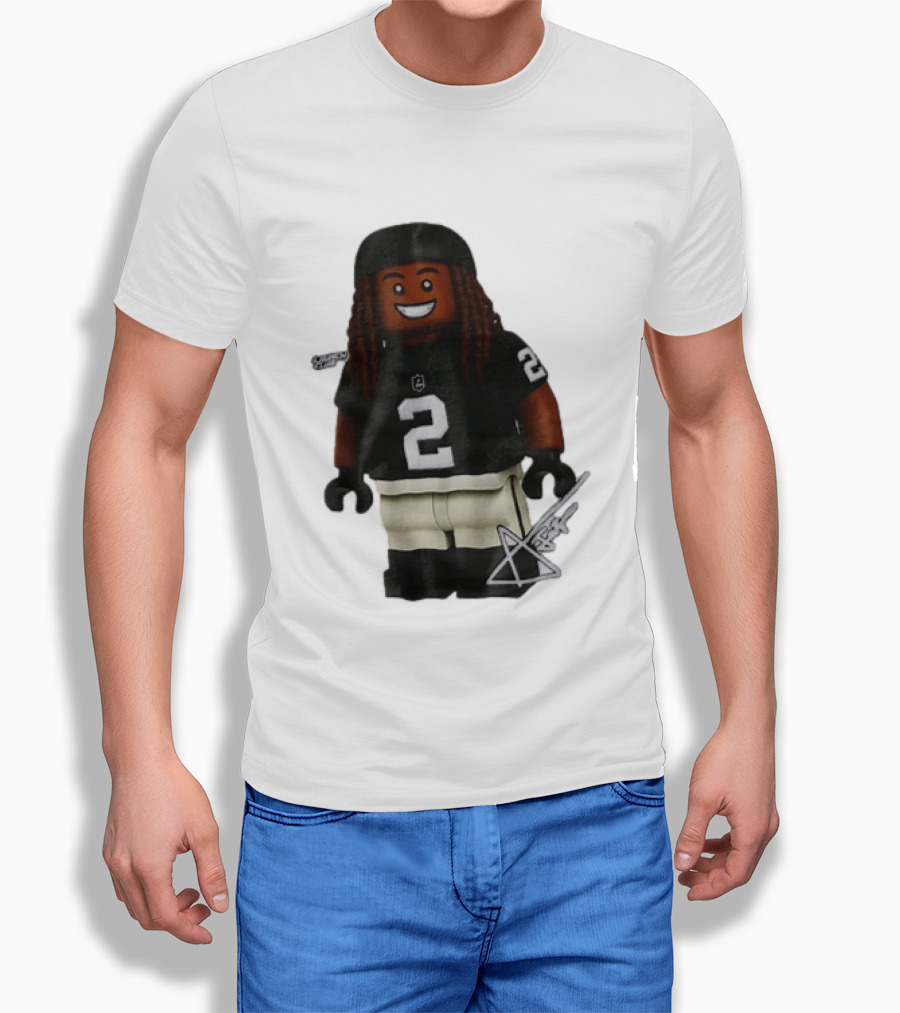 Las Vegas Raiders Running Back Ashton Jeanty 2 Lego Minifigure With Football Helmet T-Shirt