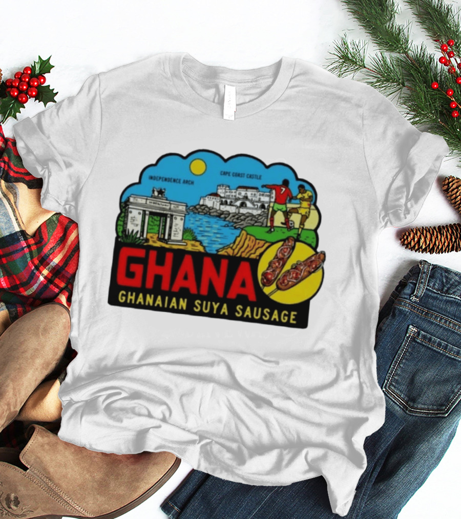 Ghana Cape Coast Castle Independence Arch Ghanaian Suya Sausage Soccer Scene T-Shirt