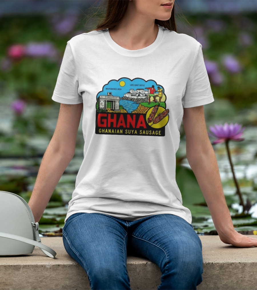 Ghana Cape Coast Castle Independence Arch Ghanaian Suya Sausage Soccer Scene T-Shirt