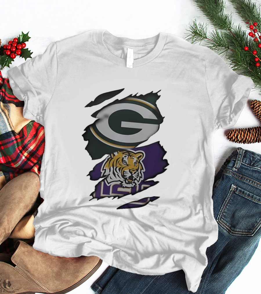 Green Bay Packers G Logo And LSU Tigers Purple And Gold Torn Fabric T-Shirt