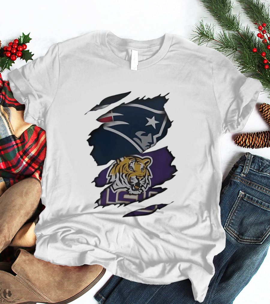 New England Patriots LSU Tigers Torn Fabric Tiger And Patriot Head Logos T-Shirt