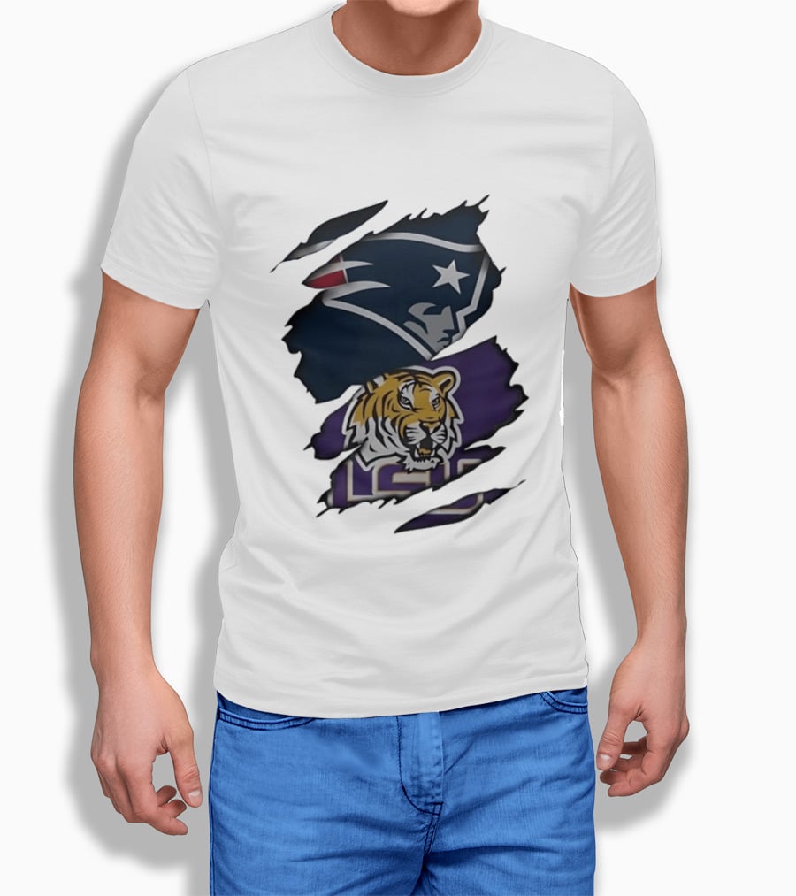 New England Patriots LSU Tigers Torn Fabric Tiger And Patriot Head Logos T-Shirt