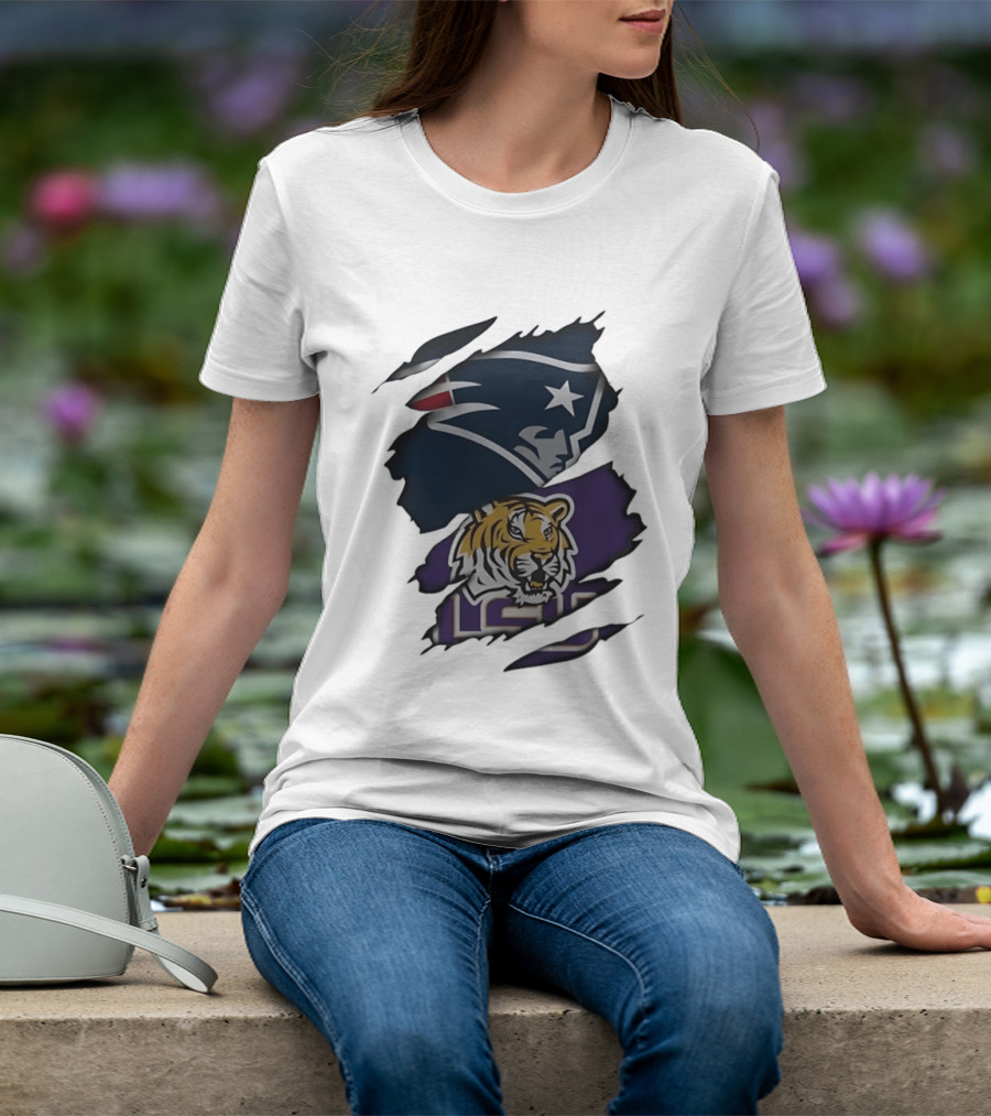 New England Patriots LSU Tigers Torn Fabric Tiger And Patriot Head Logos T-Shirt