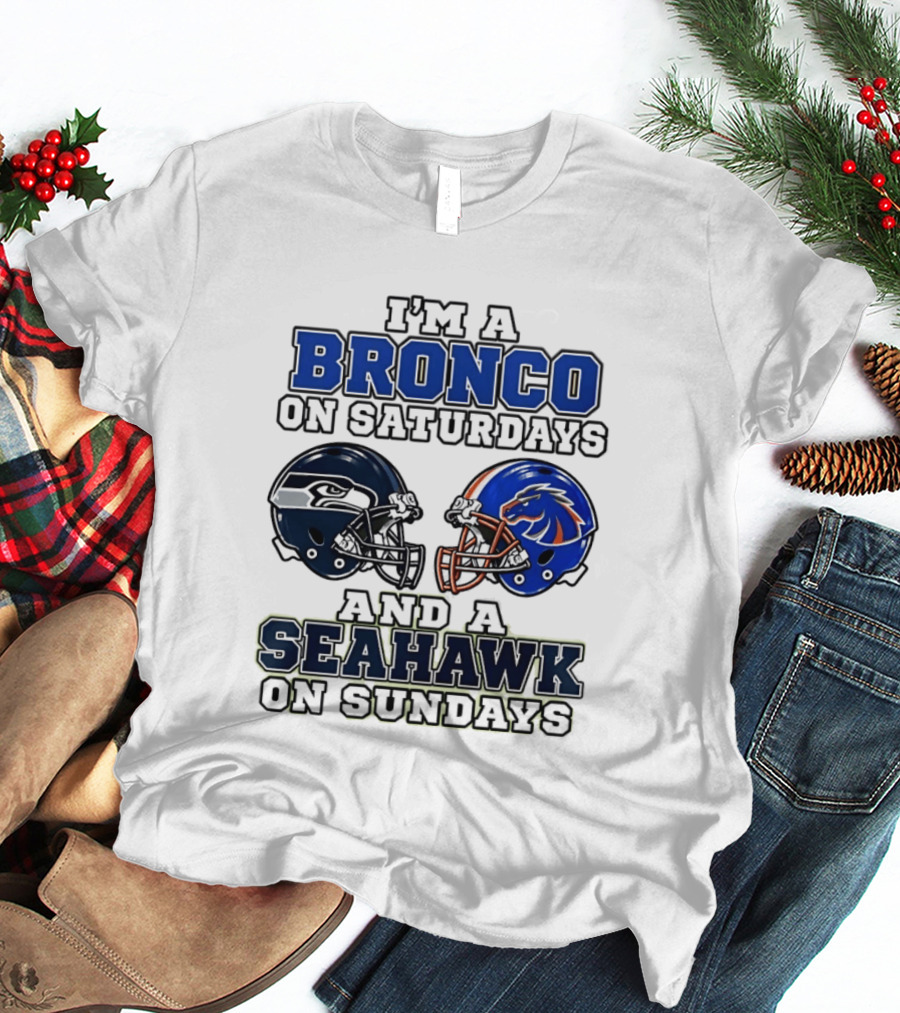 I'm A Bronco On Saturdays And A Seahawk On Sundays Football Helmets T-Shirt