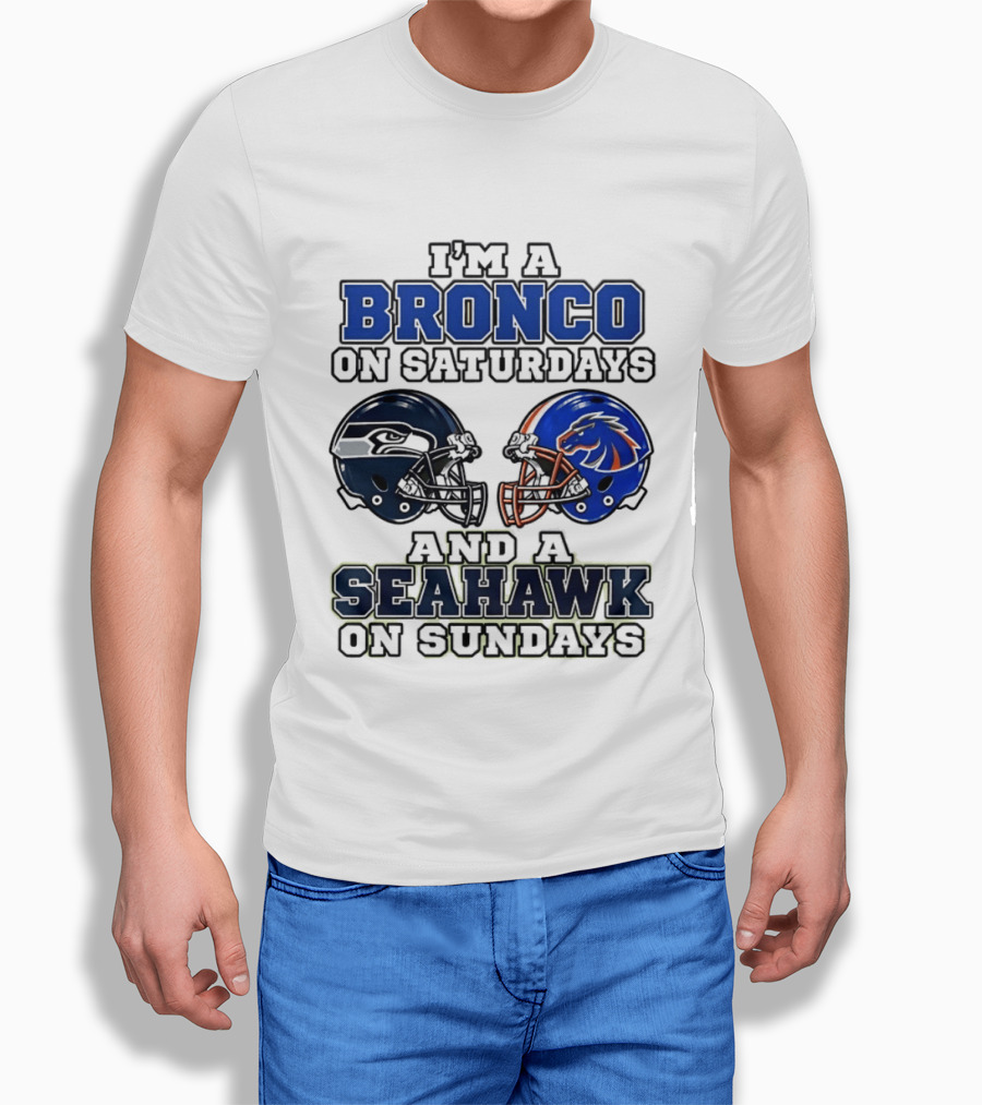 I'm A Bronco On Saturdays And A Seahawk On Sundays Football Helmets T-Shirt
