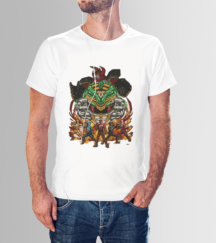 Mighty Morphin Power Rangers Green Ranger Dragonzord Helmet And Team Pose T-Shirt