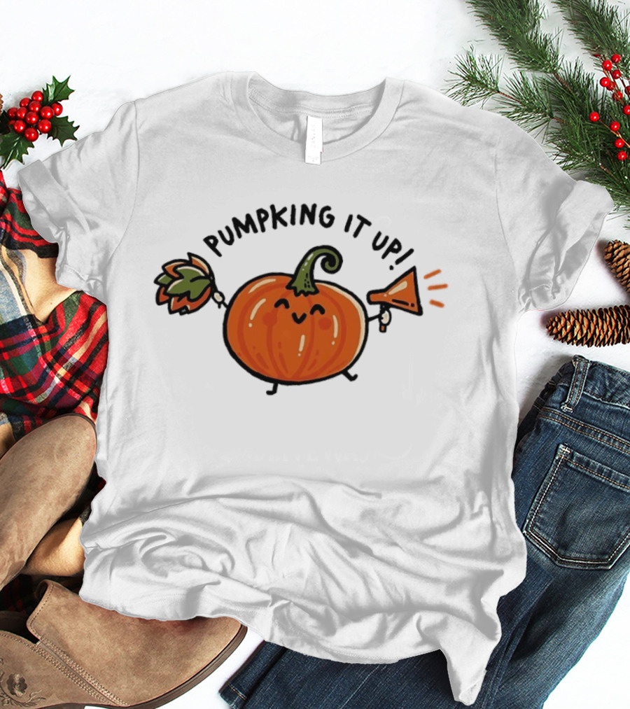 Pumpking It Up Pumpkin Cheerleader Cute Cartoon Holding Megaphone And Pom Pom T-Shirt