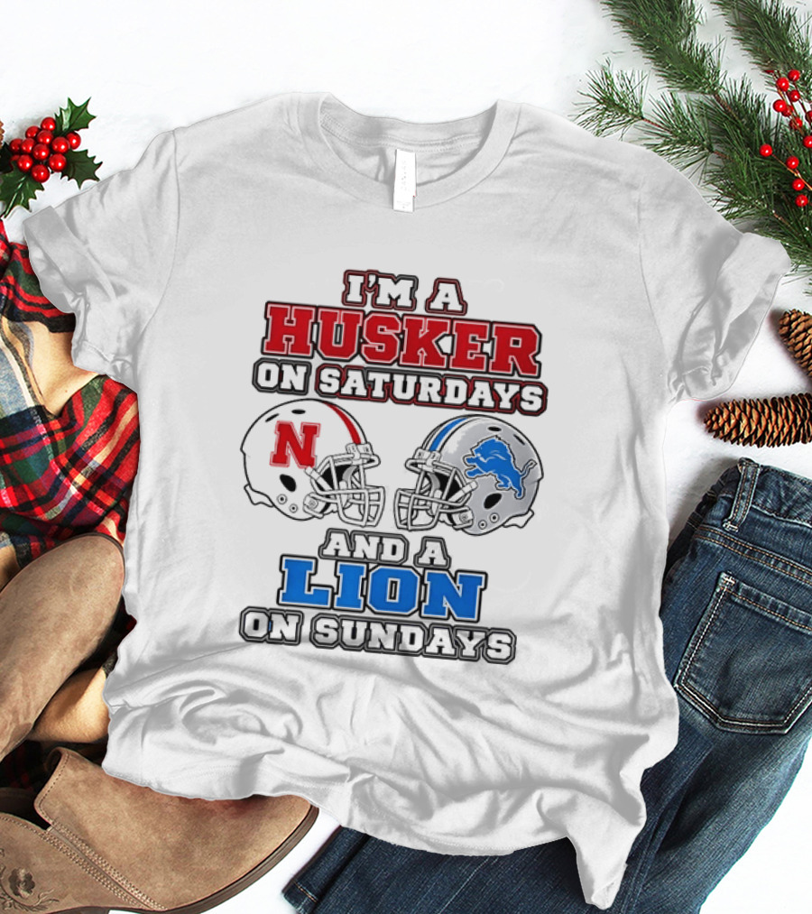 Husker On Saturdays And Lion On Sundays Football Helmets T-Shirt