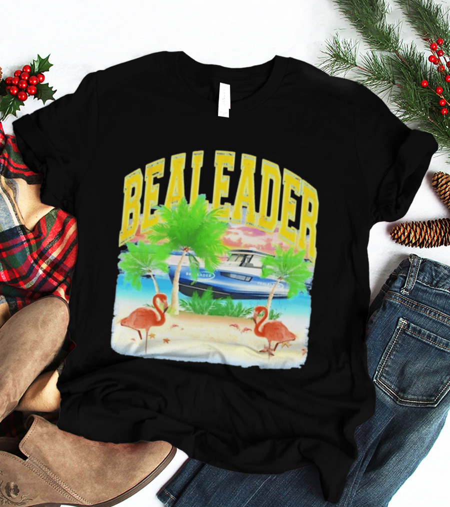 Bealeader Tropical Beach Scene With Palm Trees, Boat, And Flamingos T-Shirt