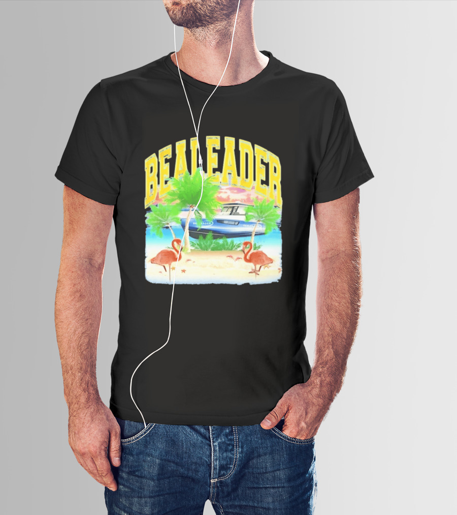 Bealeader Tropical Beach Scene With Palm Trees, Boat, And Flamingos T-Shirt