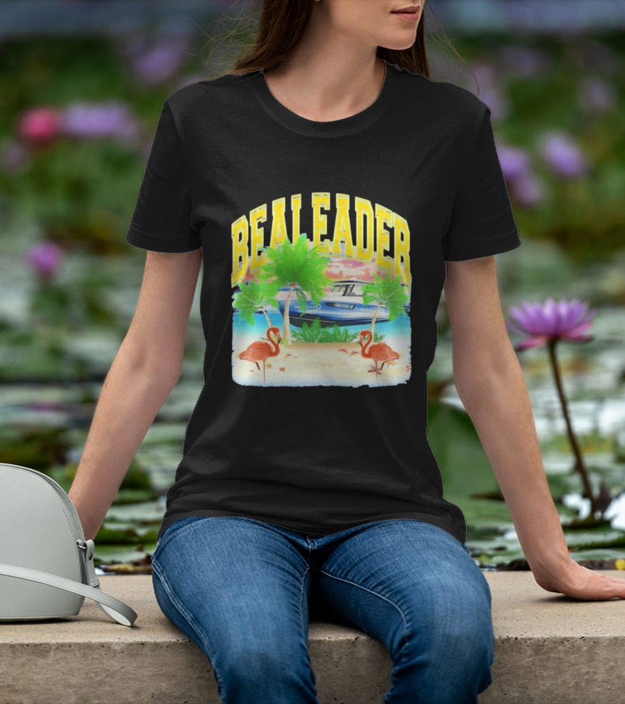 Bealeader Tropical Beach Scene With Palm Trees, Boat, And Flamingos T-Shirt