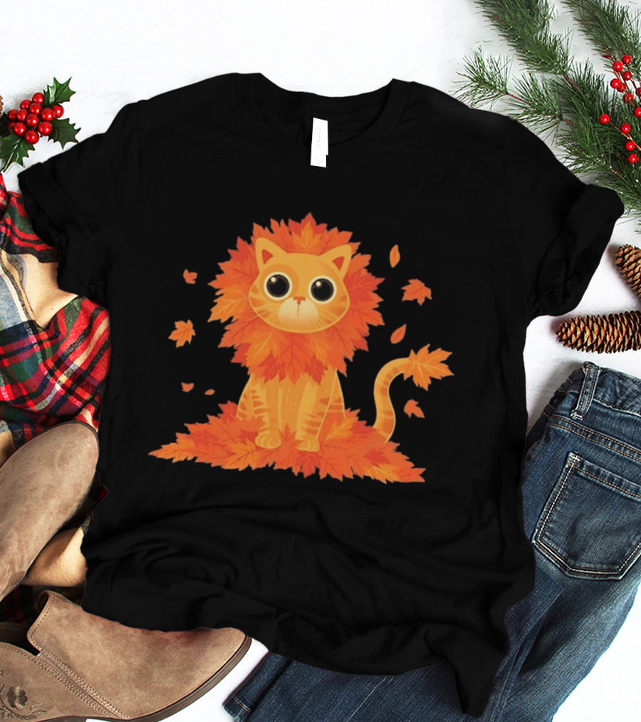 Cat With Autumn Leaves Mane Fall Lion Cozy Cute Kitty T-Shirt
