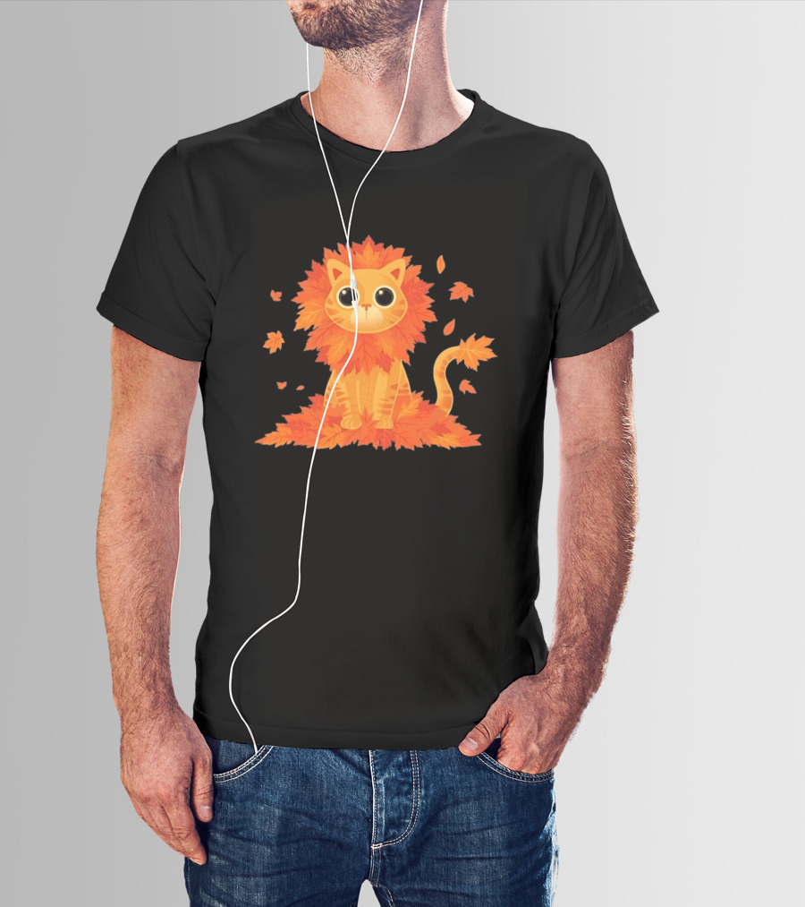 Cat With Autumn Leaves Mane Fall Lion Cozy Cute Kitty T-Shirt