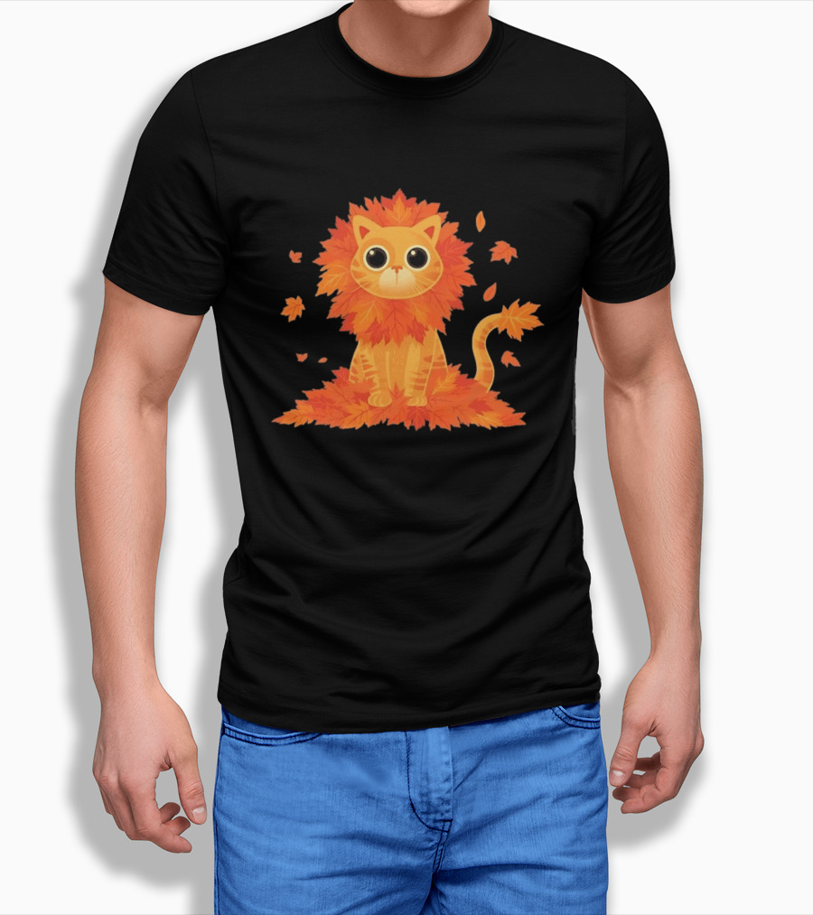 Cat With Autumn Leaves Mane Fall Lion Cozy Cute Kitty T-Shirt