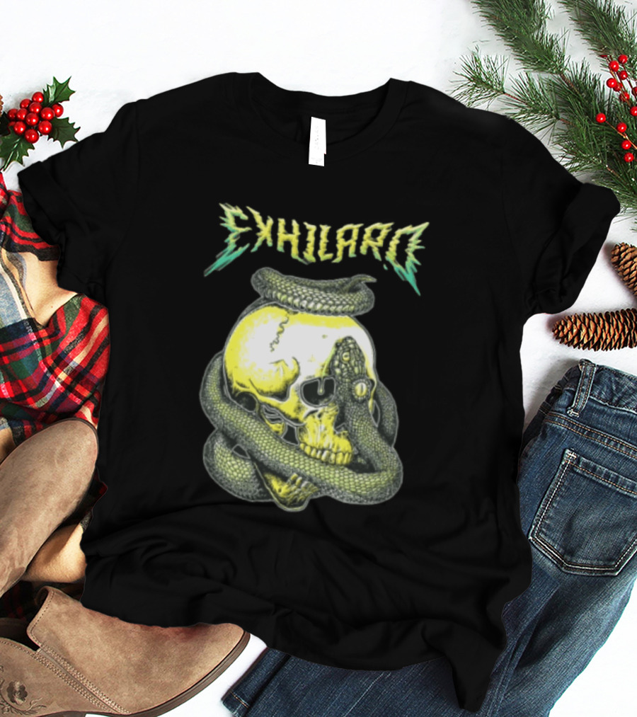 Exhilaro Venomous Serpent Coiled Around Yellow Human Skull T-Shirt