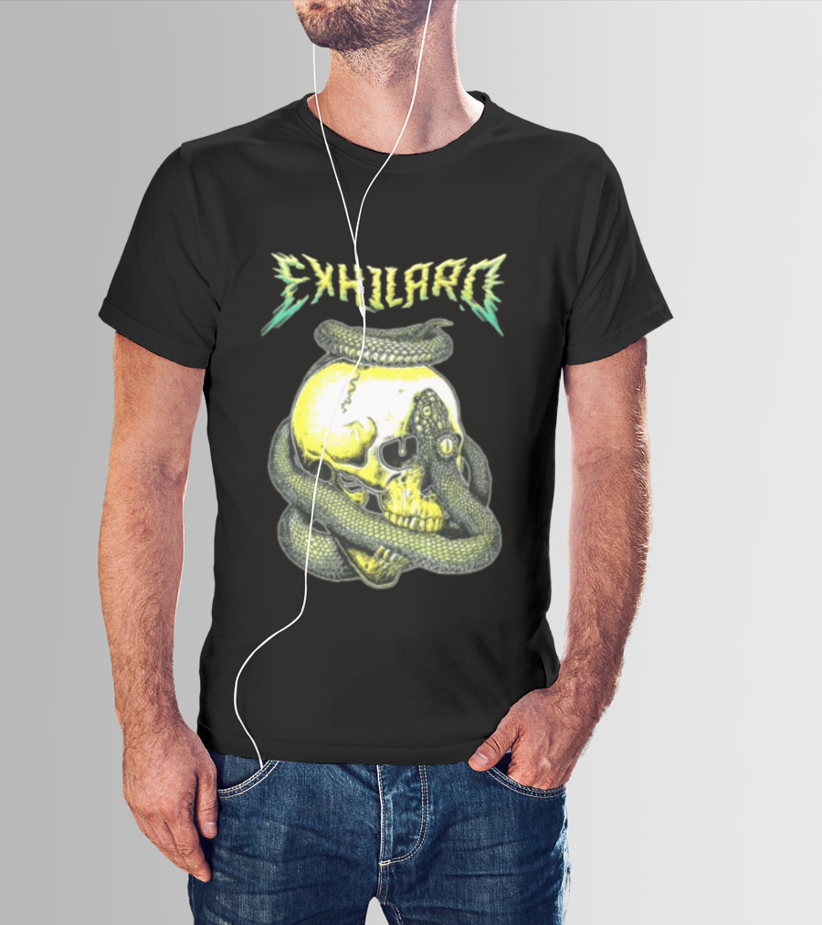 Exhilaro Venomous Serpent Coiled Around Yellow Human Skull T-Shirt